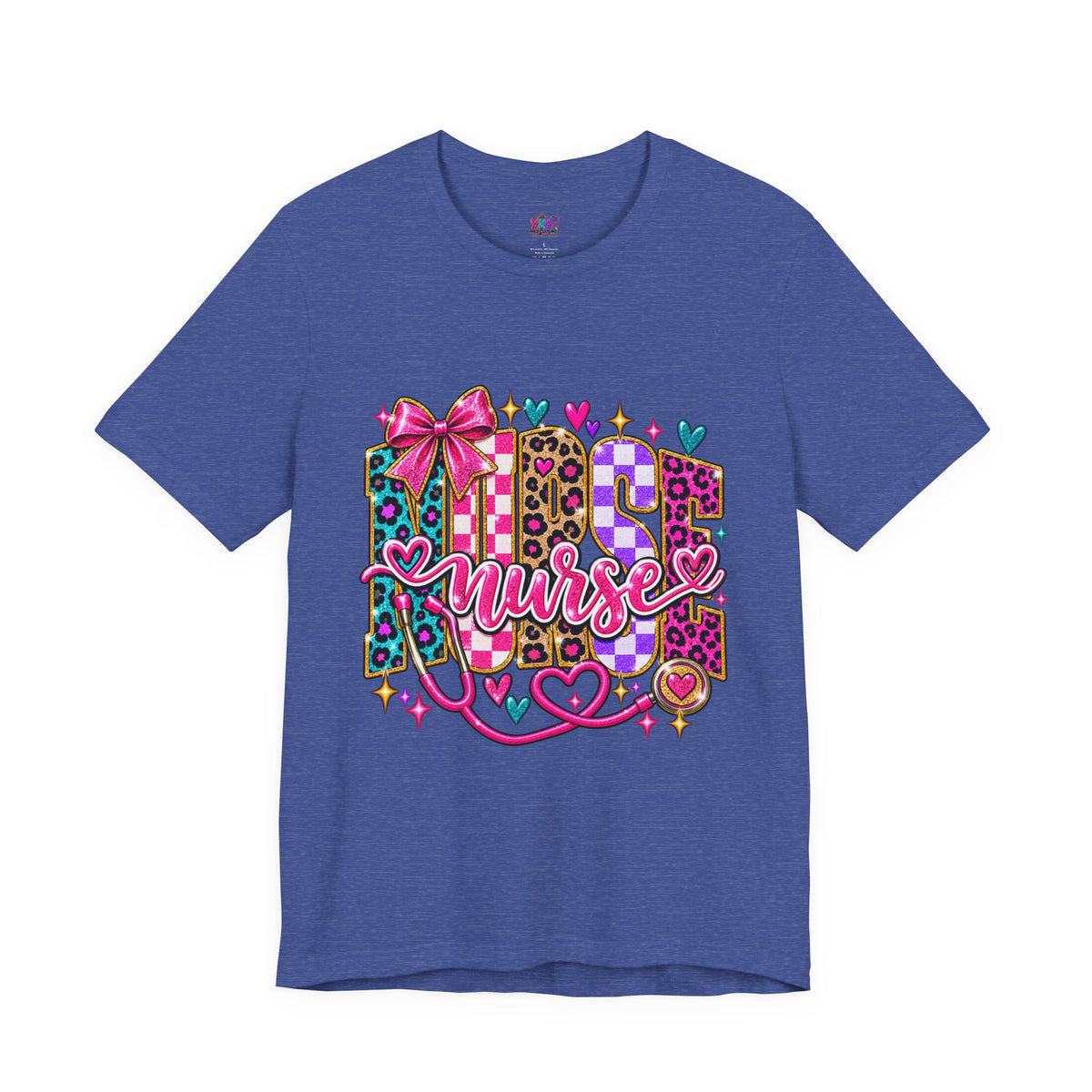 Nurse Graphic Tee — Colorful Leopard Scrub Letters with Hearts & Bow