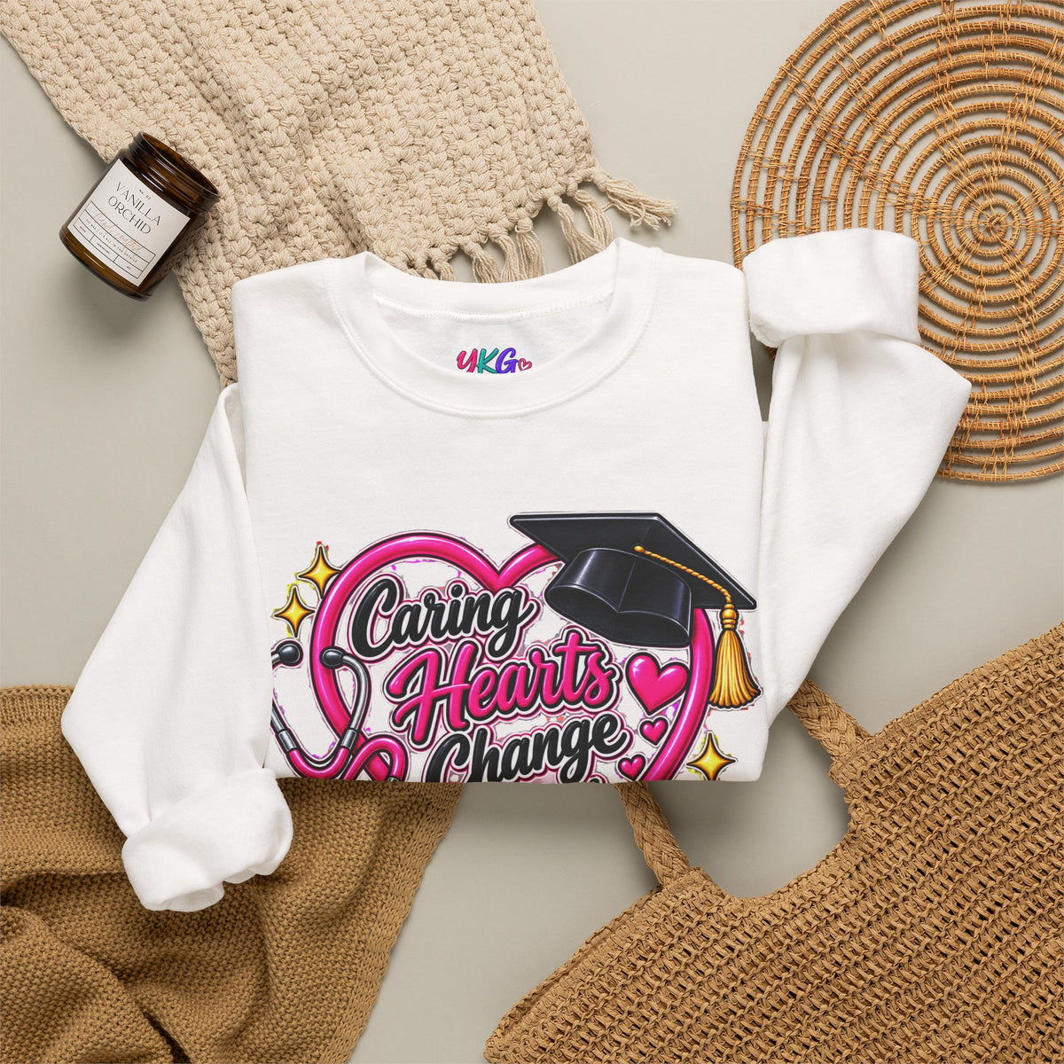 Caring Hearts Change Lives Sweatshirt — Nurse Graduation Stethoscope Crewneck