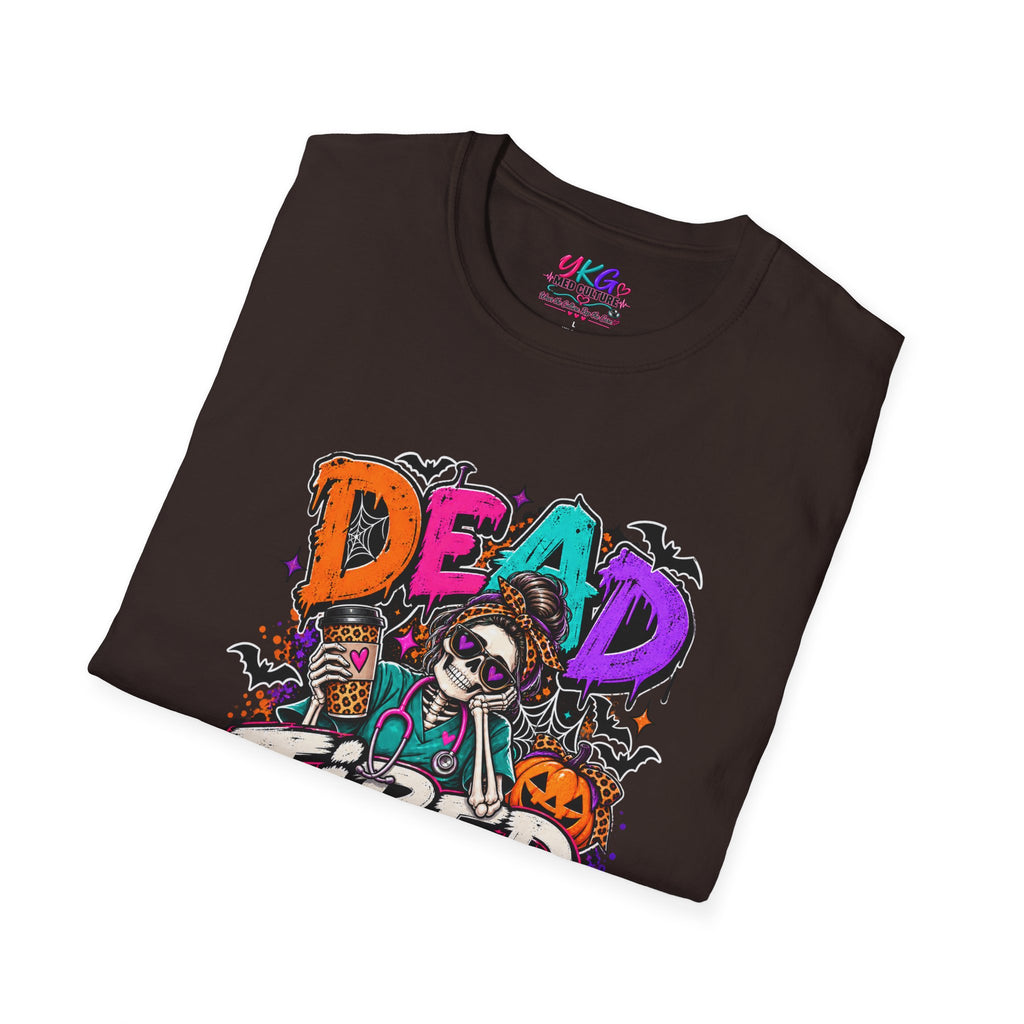 Dead Tired Still Caring Graphic T-Shirt — Funny Gothic Skull Tee