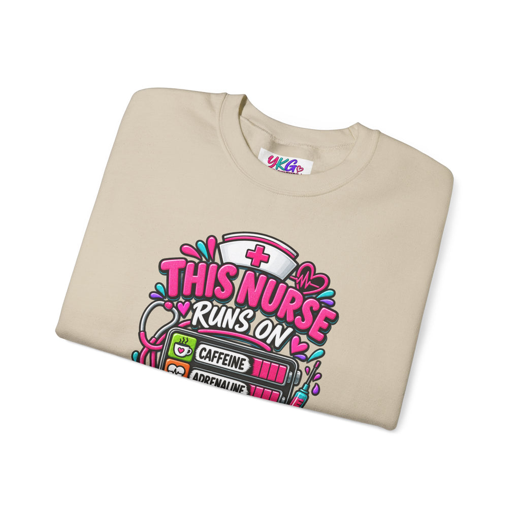 Nurse Crewneck Sweatshirt — "This Nurse Runs on Caffeine, Compassion & Cuss Words" Embroidered