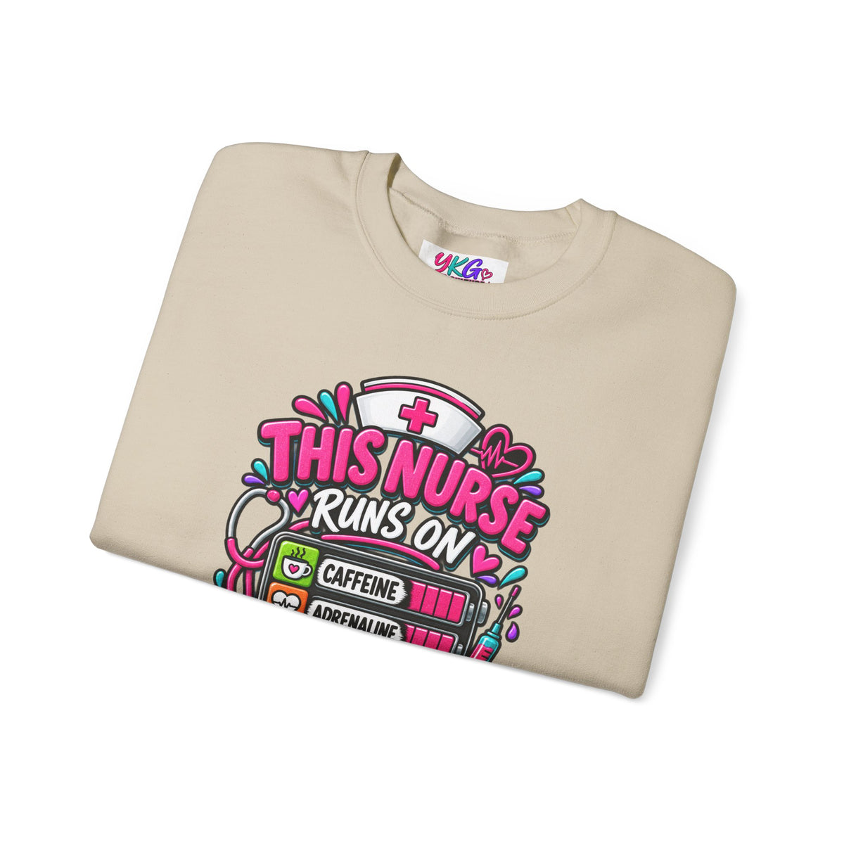 Nurse Crewneck Sweatshirt — "This Nurse Runs on Caffeine, Compassion & Cuss Words" Embroidered