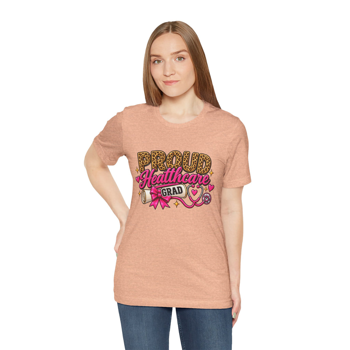 Proud Healthcare Grad T-Shirt — Leopard "PROUD" with Pink Stethoscope & Diploma