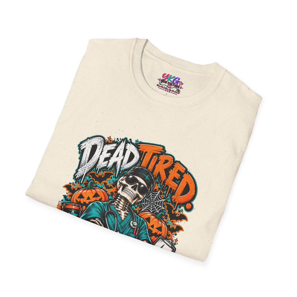 Dead Tired Still Caring T-Shirt — Skull Graphic Tee for Nurses & Caregivers