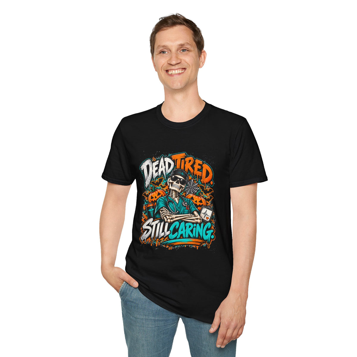 Dead Tired Still Caring T-Shirt — Skull Graphic Tee for Nurses & Caregivers