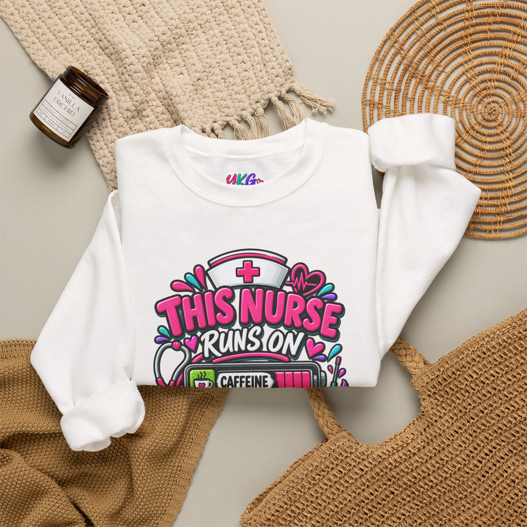 Nurse Crewneck Sweatshirt — "This Nurse Runs on Caffeine, Compassion & Cuss Words" Embroidered