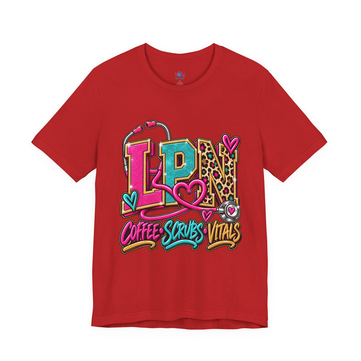 LPN Tee — “Coffee, Scrubs, Vitals” Colorful Stethoscope Design