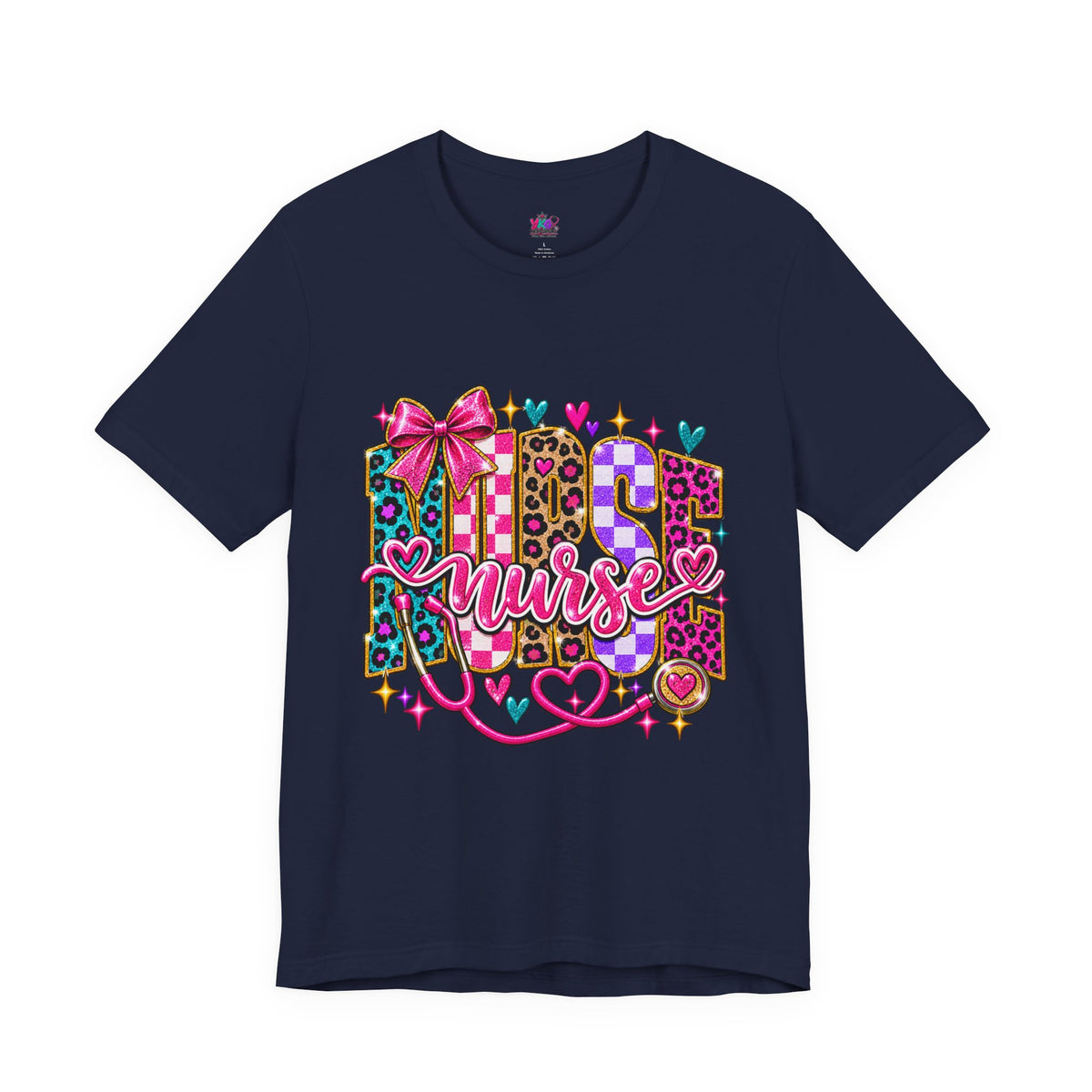 Nurse Graphic Tee — Colorful Leopard Scrub Letters with Hearts & Bow