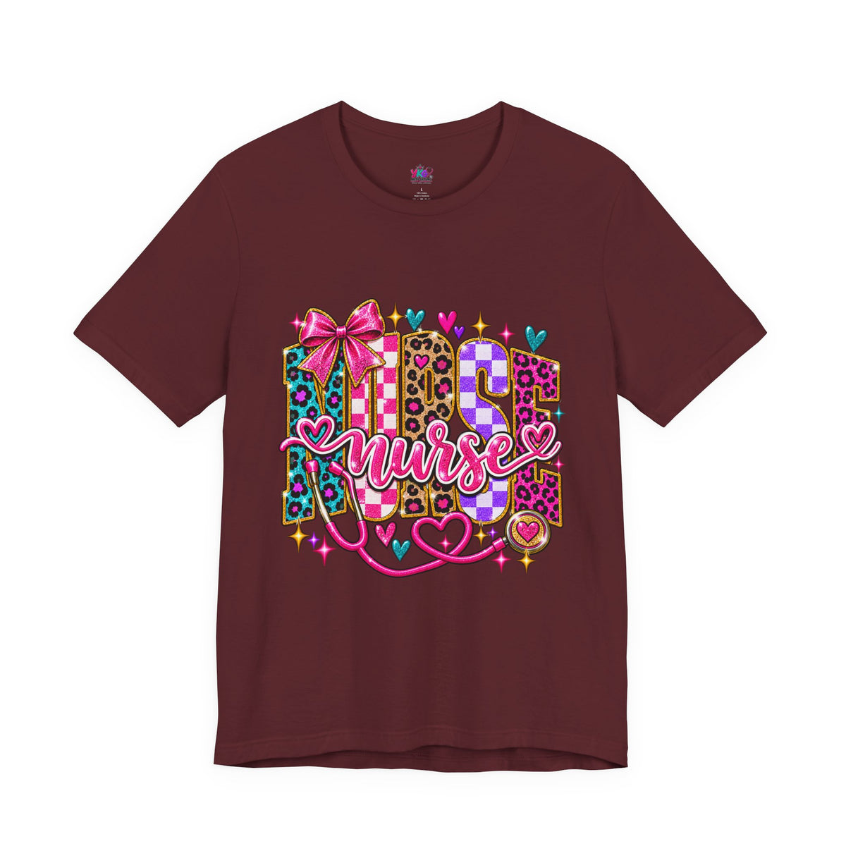 Nurse Graphic Tee — Colorful Leopard Scrub Letters with Hearts & Bow