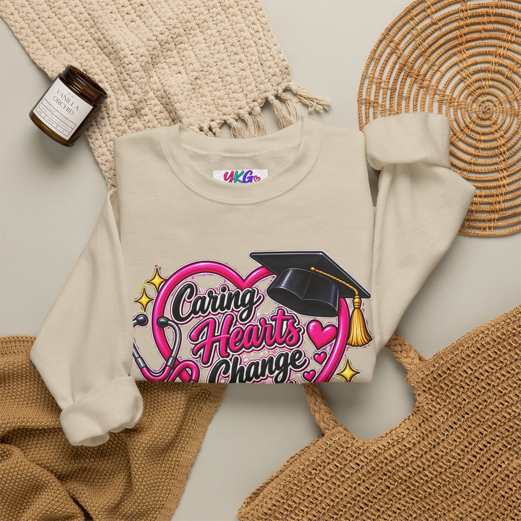 Caring Hearts Change Lives Sweatshirt — Nurse Graduation Stethoscope Crewneck