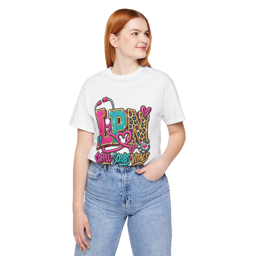 LPN Tee — “Coffee, Scrubs, Vitals” Colorful Stethoscope Design