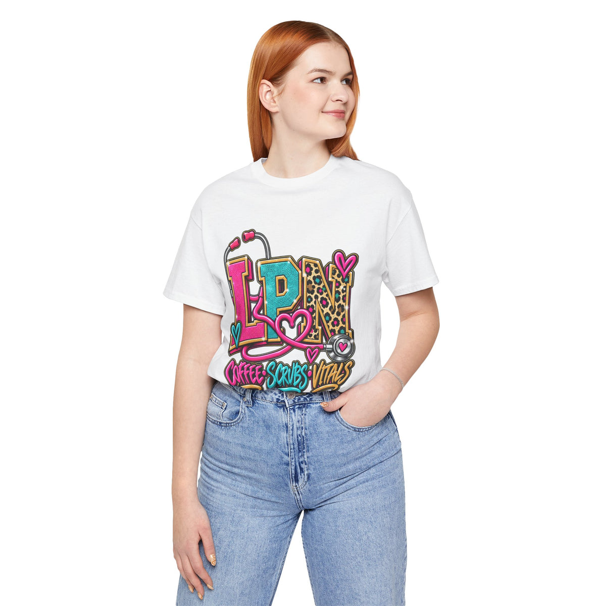 LPN Tee — “Coffee, Scrubs, Vitals” Colorful Stethoscope Design