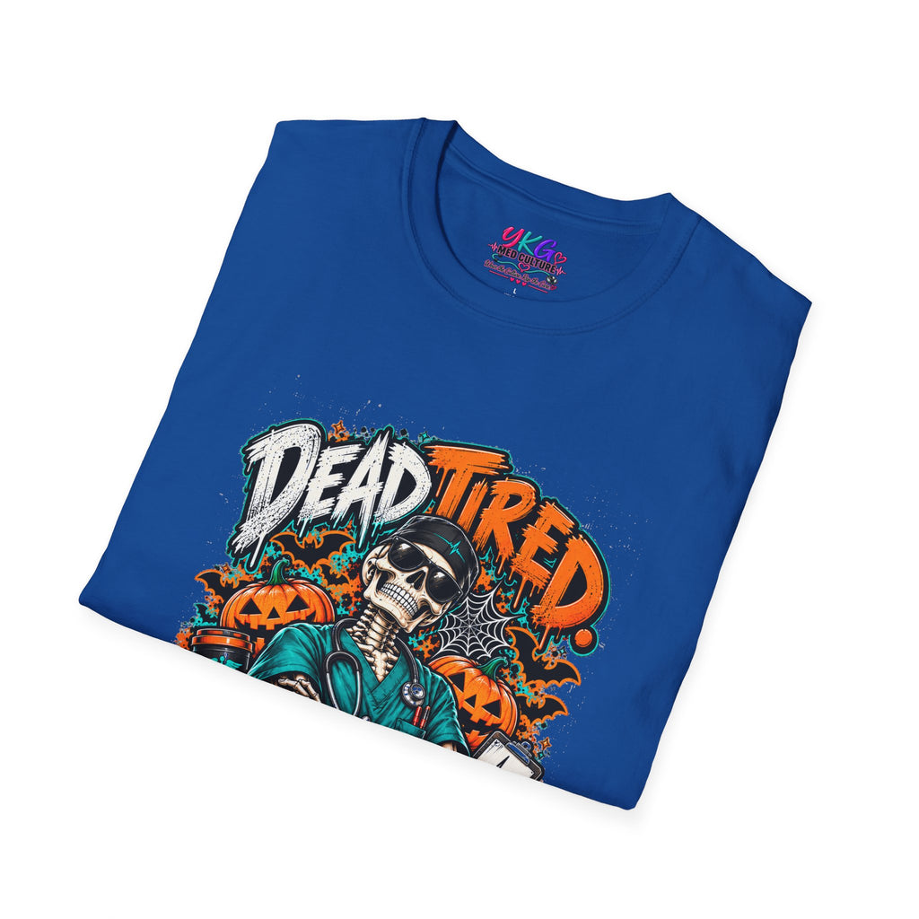 Dead Tired Still Caring T-Shirt — Skull Graphic Tee for Nurses & Caregivers