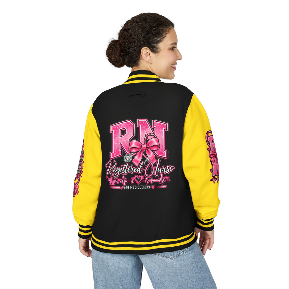 RN Registered Nurse Letterman Jacket — Pink Bow Varsity Jacket for Nurses