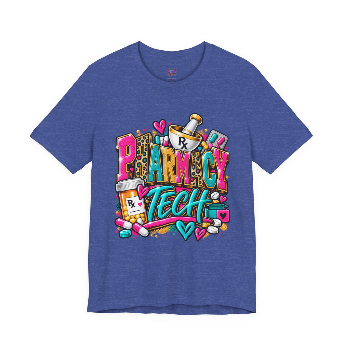 Pharmacy Tech T-Shirt – Colorful Heart & Pill Graphic Tee for Pharmacy Technicians