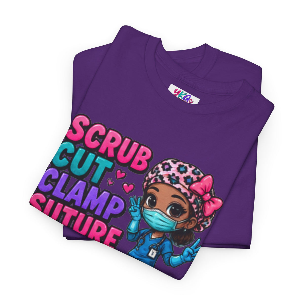 Surgical Nurse Tee — "Scrub Cut Clamp Suture Repeat" Cute Cartoon Design