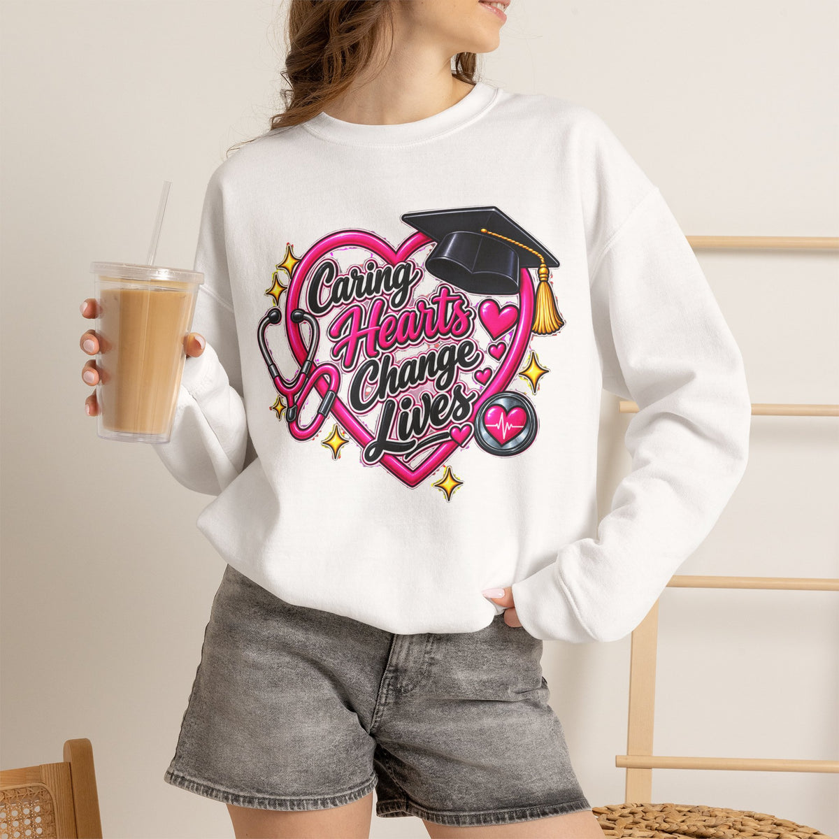 Caring Hearts Change Lives Sweatshirt — Nurse Graduation Stethoscope Crewneck