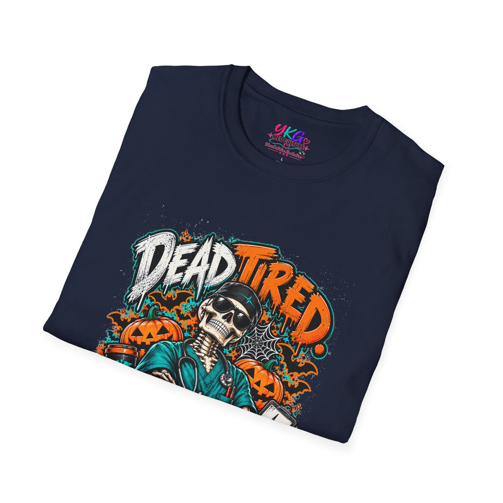 Dead Tired Still Caring T-Shirt — Skull Graphic Tee for Nurses & Caregivers