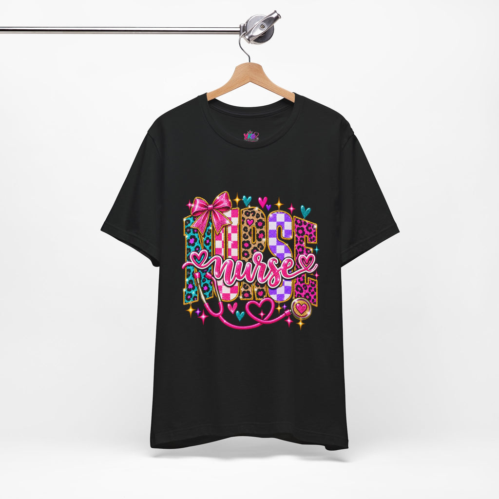 Nurse Graphic Tee — Colorful Leopard Scrub Letters with Hearts & Bow