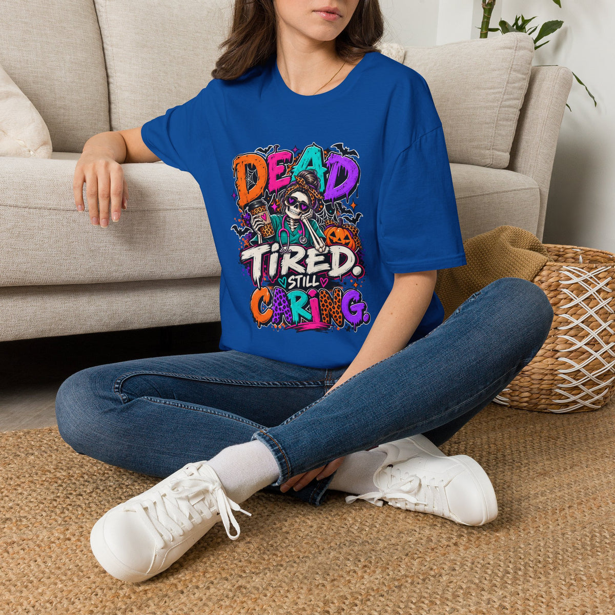 Dead Tired Still Caring Graphic T-Shirt — Funny Gothic Skull Tee