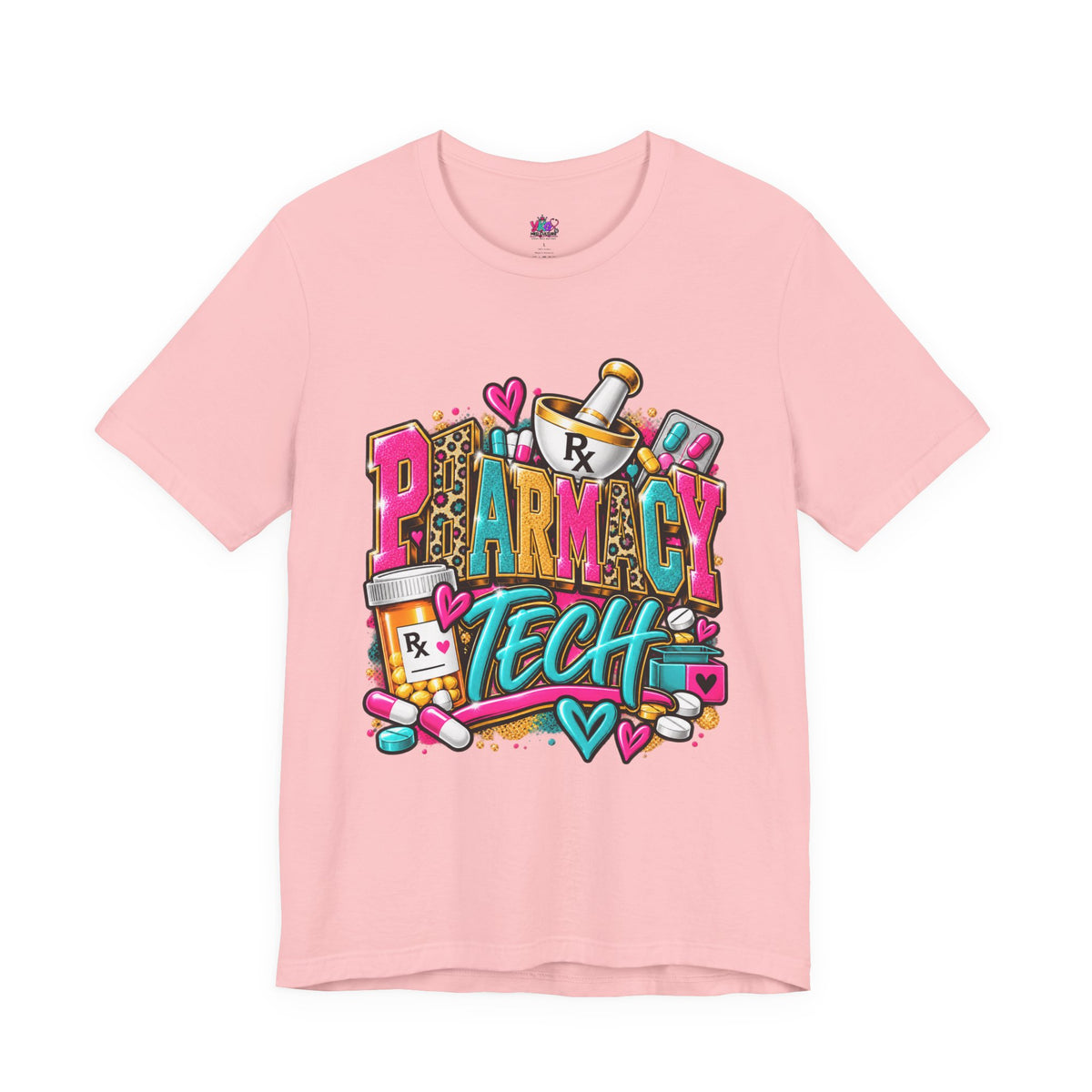 Pharmacy Tech T-Shirt – Colorful Heart & Pill Graphic Tee for Pharmacy Technicians