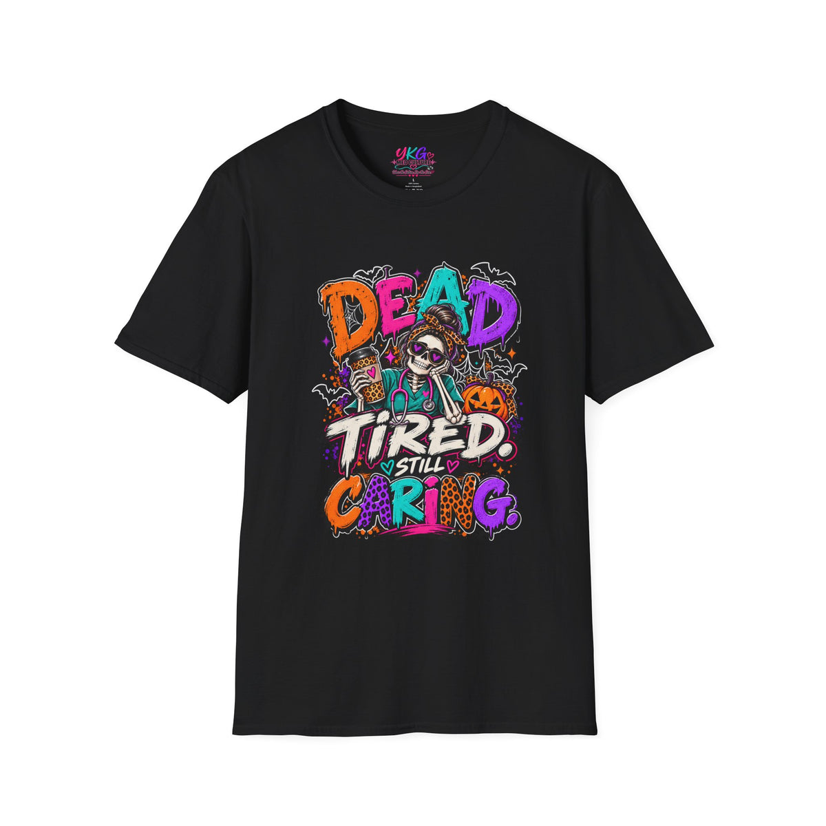 Dead Tired Still Caring Graphic T-Shirt — Funny Gothic Skull Tee