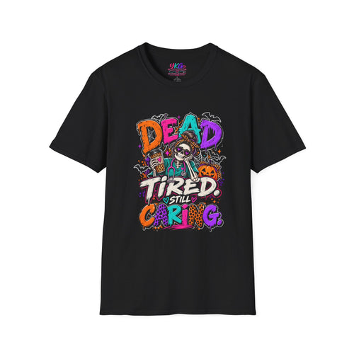 Dead Tired Still Caring Graphic T-Shirt — Funny Gothic Skull Tee