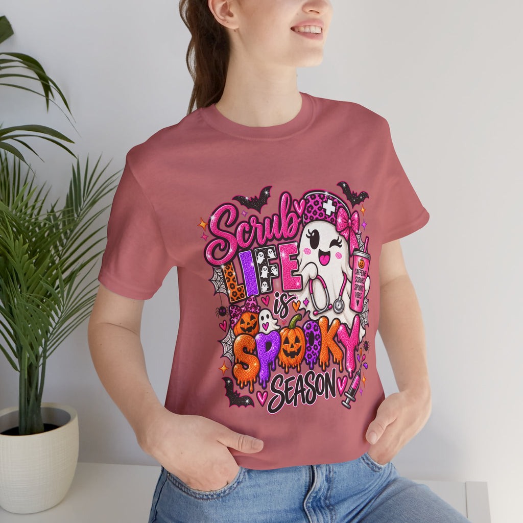 Spooky Season Scrub Life Graphic Tee — Halloween Nurse & Healthcare Cartoon Shirt