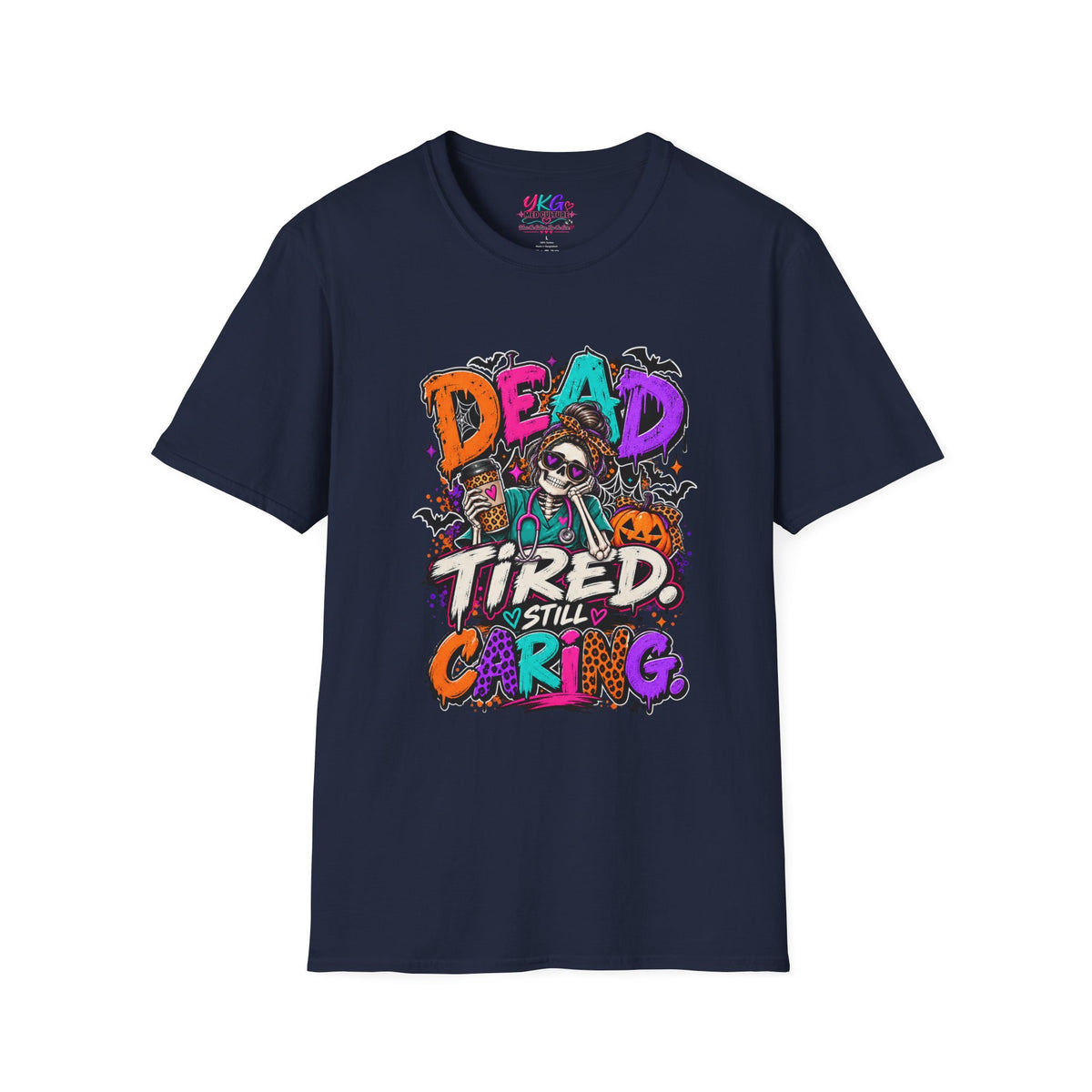 Dead Tired Still Caring Graphic T-Shirt — Funny Gothic Skull Tee