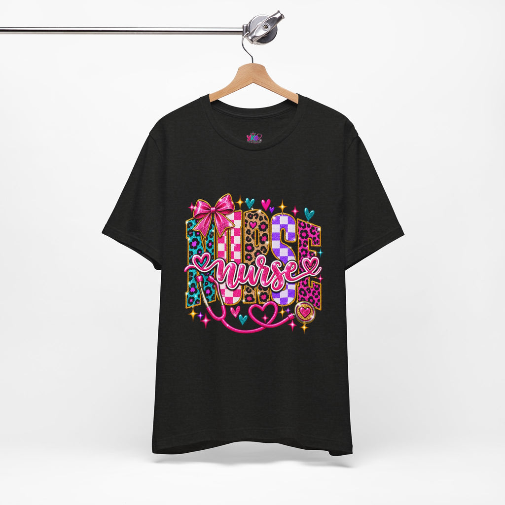 Nurse Graphic Tee — Colorful Leopard Scrub Letters with Hearts & Bow
