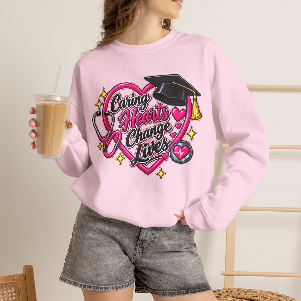 Caring Hearts Change Lives Sweatshirt — Nurse Graduation Stethoscope Crewneck