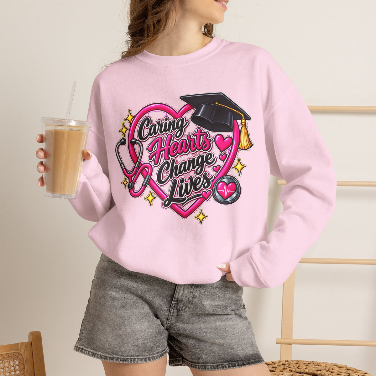 Caring Hearts Change Lives Sweatshirt — Nurse Graduation Stethoscope Crewneck