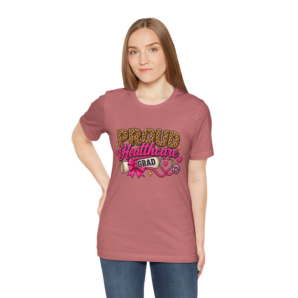 Proud Healthcare Grad T-Shirt — Leopard "PROUD" with Pink Stethoscope & Diploma