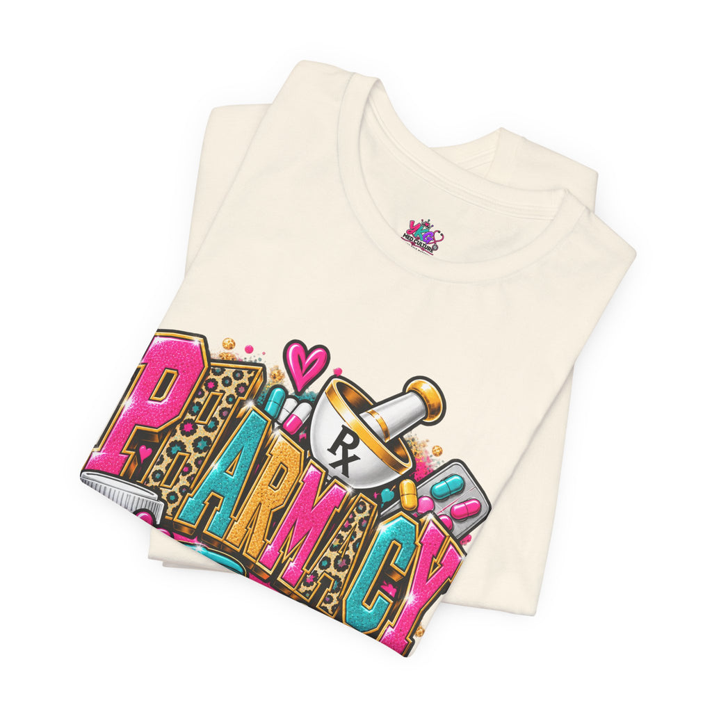Pharmacy Tech T-Shirt – Colorful Heart & Pill Graphic Tee for Pharmacy Technicians