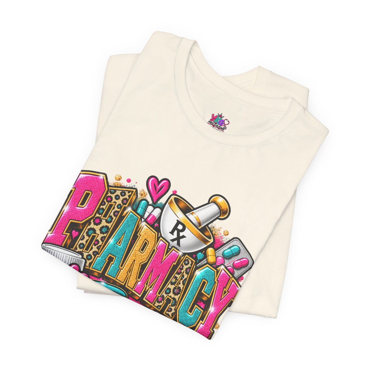 Pharmacy Tech T-Shirt – Colorful Heart & Pill Graphic Tee for Pharmacy Technicians
