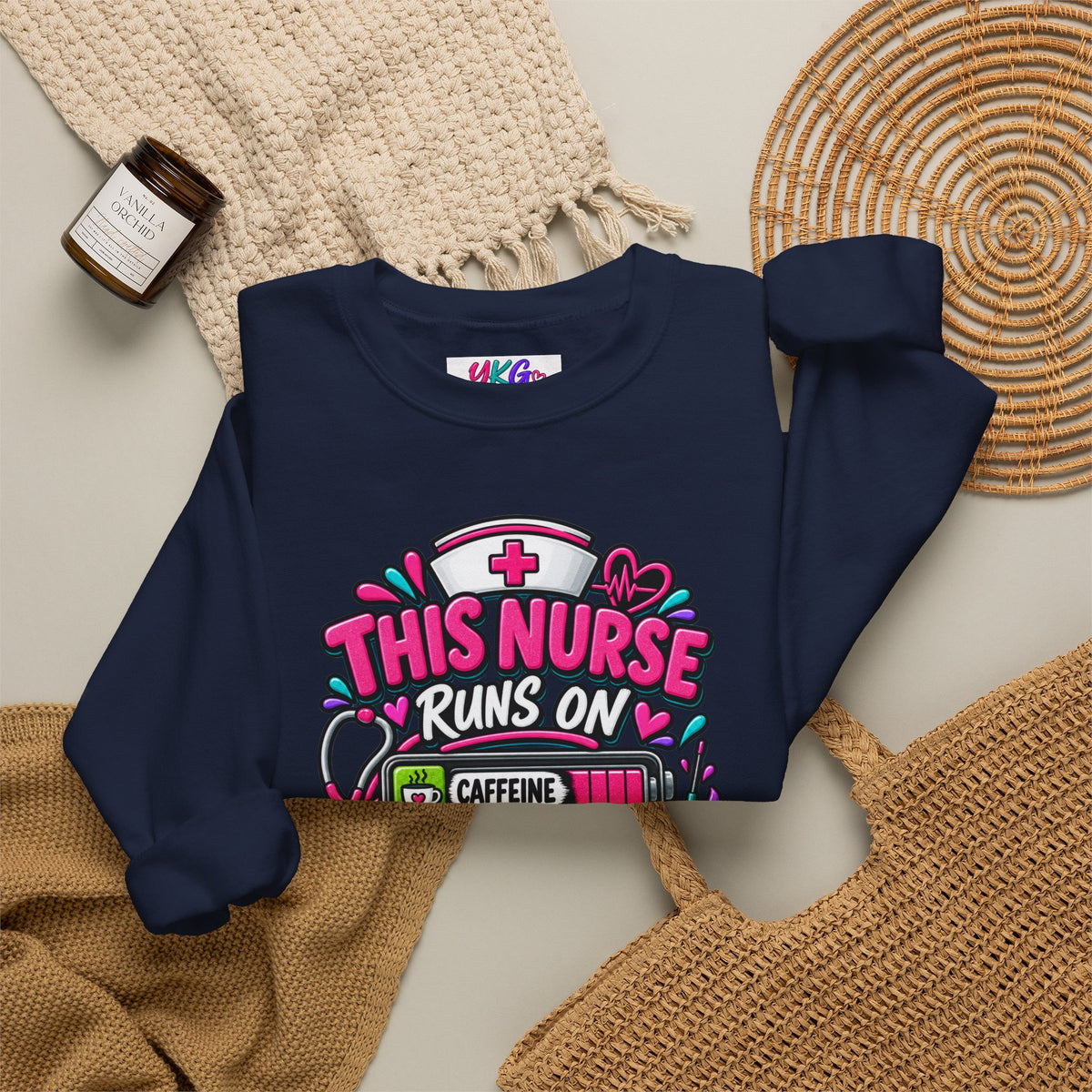 Nurse Crewneck Sweatshirt — "This Nurse Runs on Caffeine, Compassion & Cuss Words" Embroidered