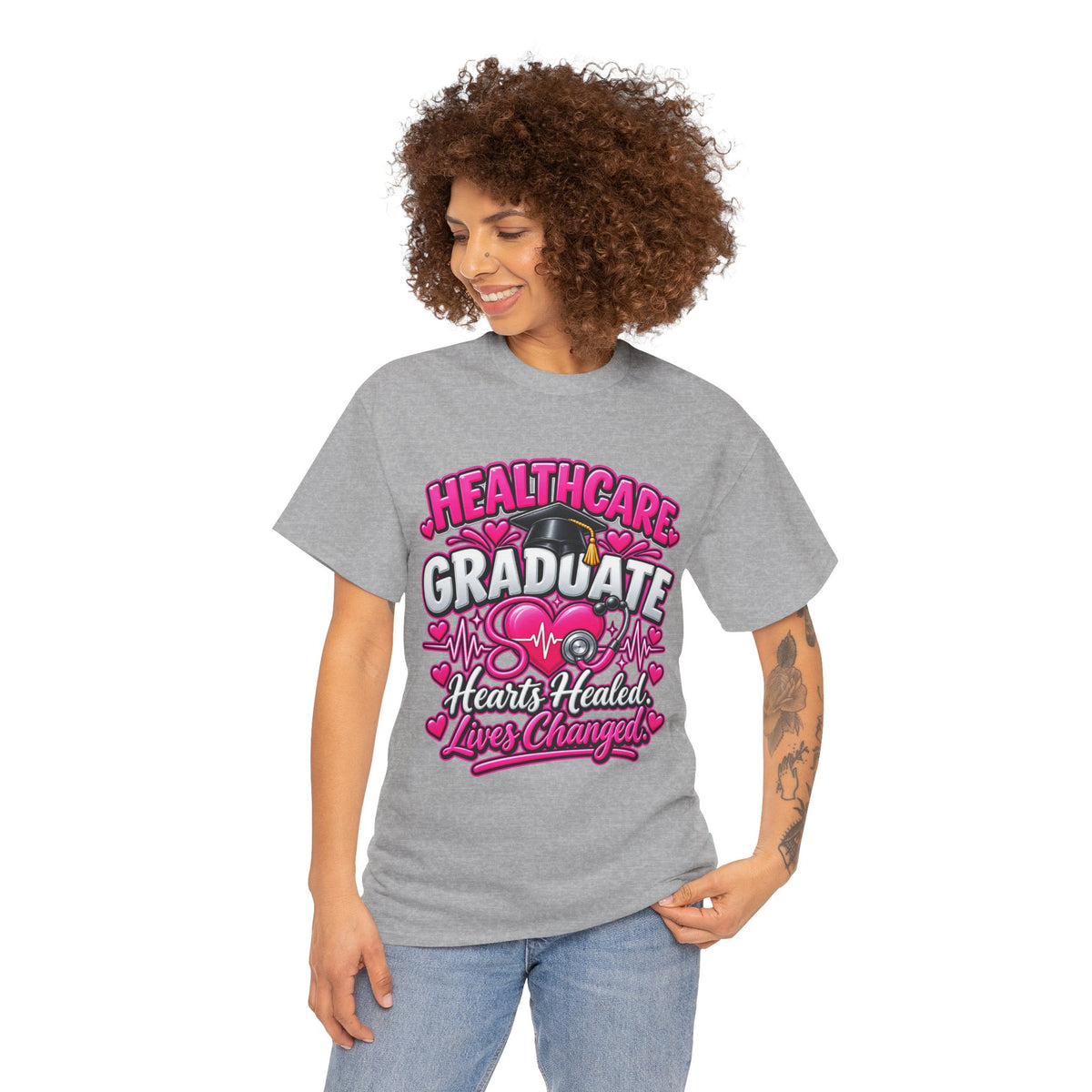 Healthcare Graduate T-Shirt — "Hearts Healed, Lives Changed" Nursing Grad Tee