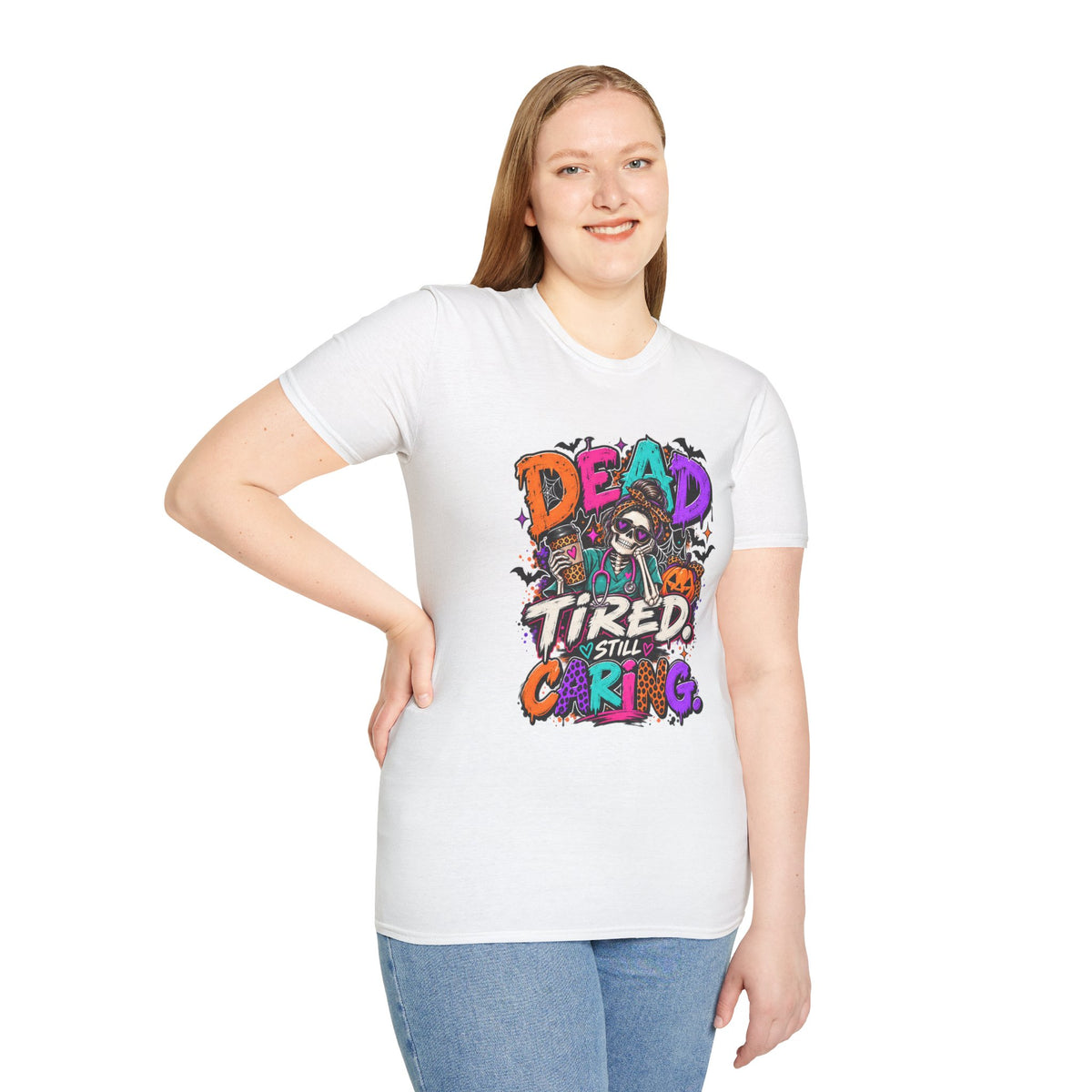 Dead Tired Still Caring Graphic T-Shirt — Funny Gothic Skull Tee