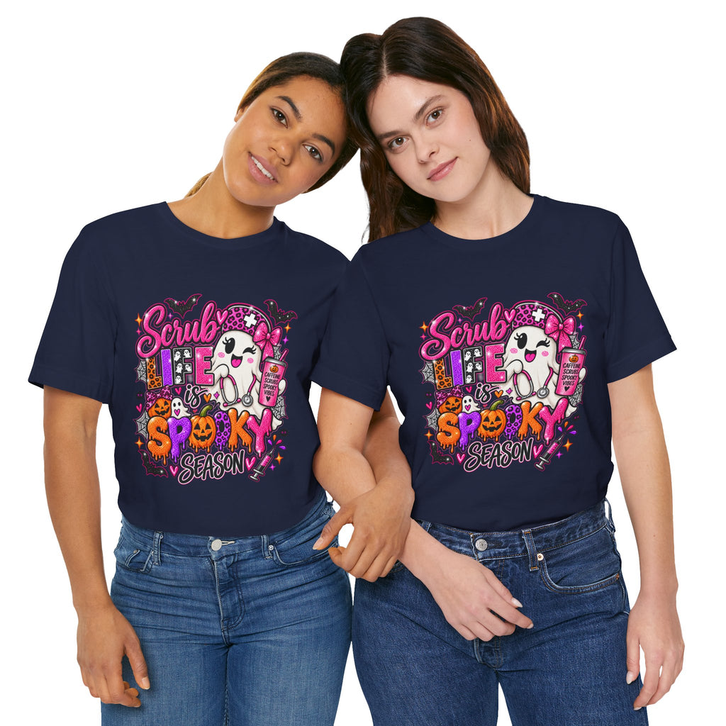 Spooky Season Scrub Life Graphic Tee — Halloween Nurse & Healthcare Cartoon Shirt