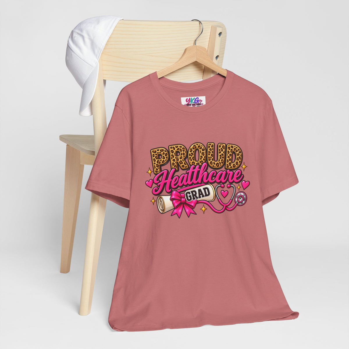 Proud Healthcare Grad T-Shirt — Leopard "PROUD" with Pink Stethoscope & Diploma