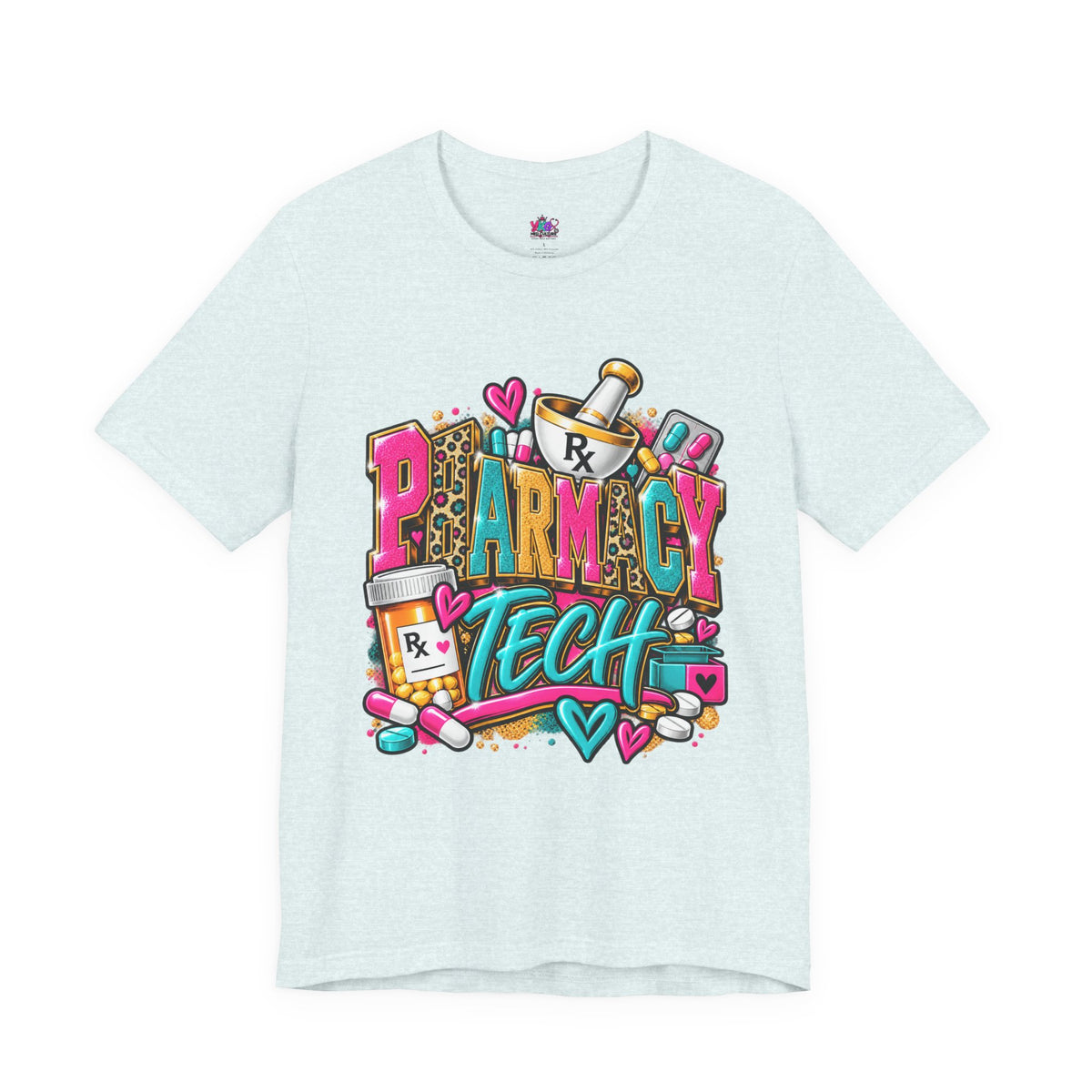 Pharmacy Tech T-Shirt – Colorful Heart & Pill Graphic Tee for Pharmacy Technicians