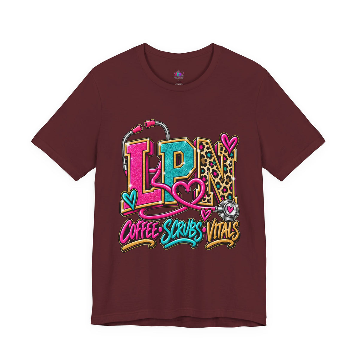 LPN Tee — “Coffee, Scrubs, Vitals” Colorful Stethoscope Design