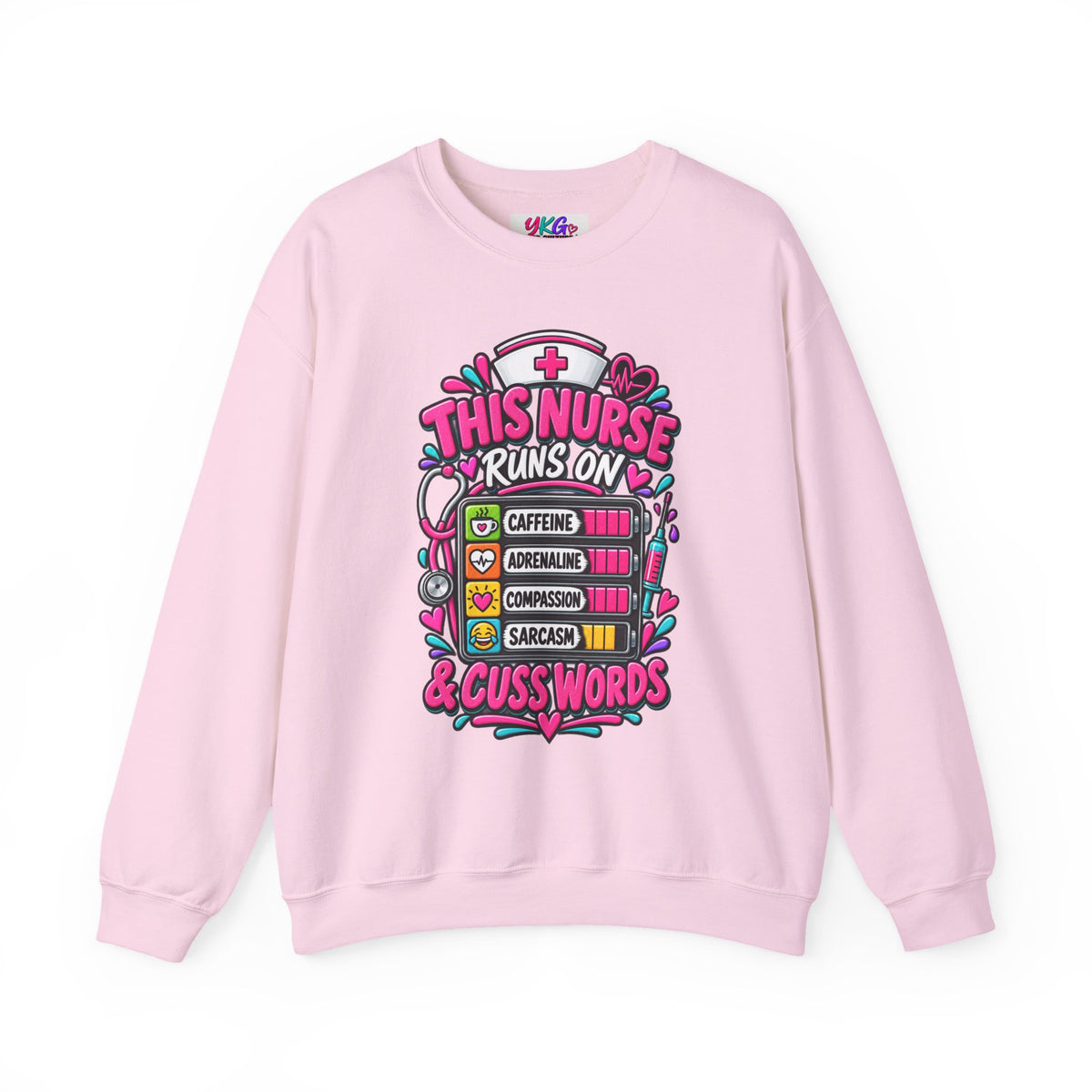 Nurse Crewneck Sweatshirt — "This Nurse Runs on Caffeine, Compassion & Cuss Words" Embroidered