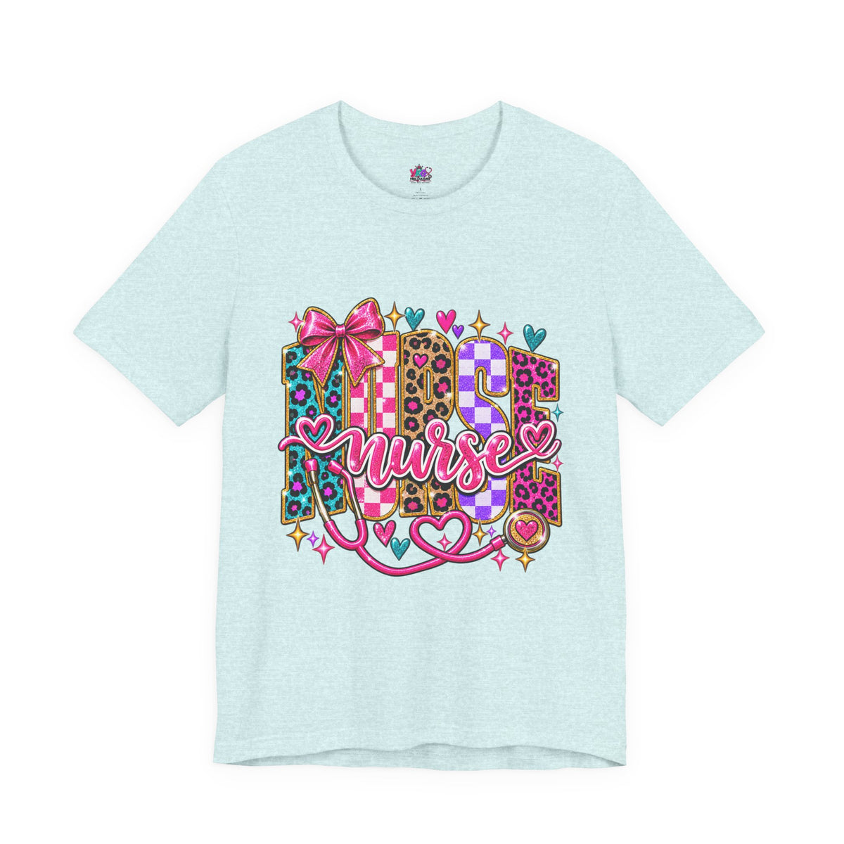 Nurse Graphic Tee — Colorful Leopard Scrub Letters with Hearts & Bow