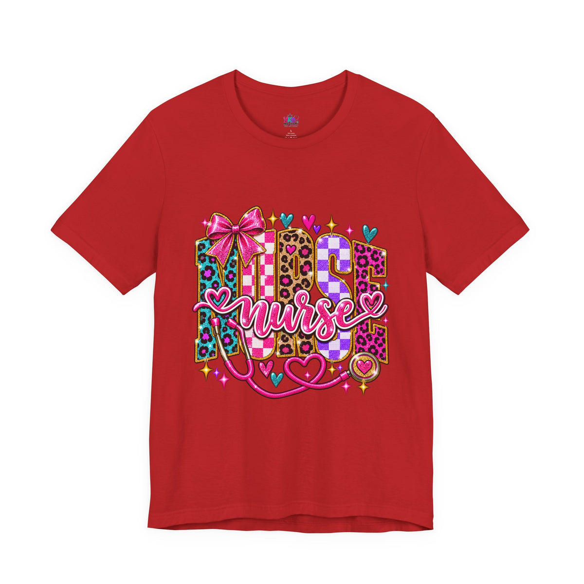 Nurse Graphic Tee — Colorful Leopard Scrub Letters with Hearts & Bow