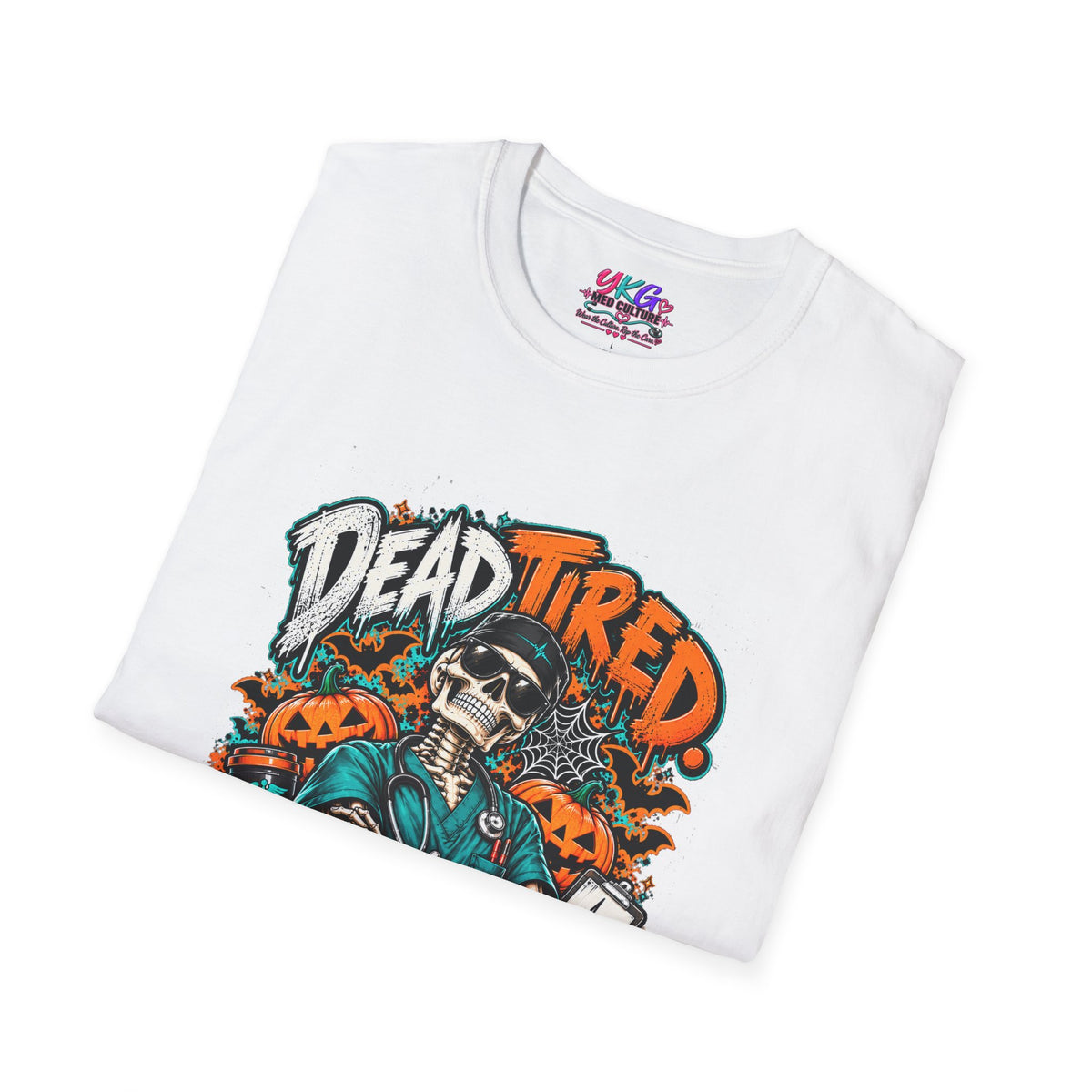 Dead Tired Still Caring T-Shirt — Skull Graphic Tee for Nurses & Caregivers