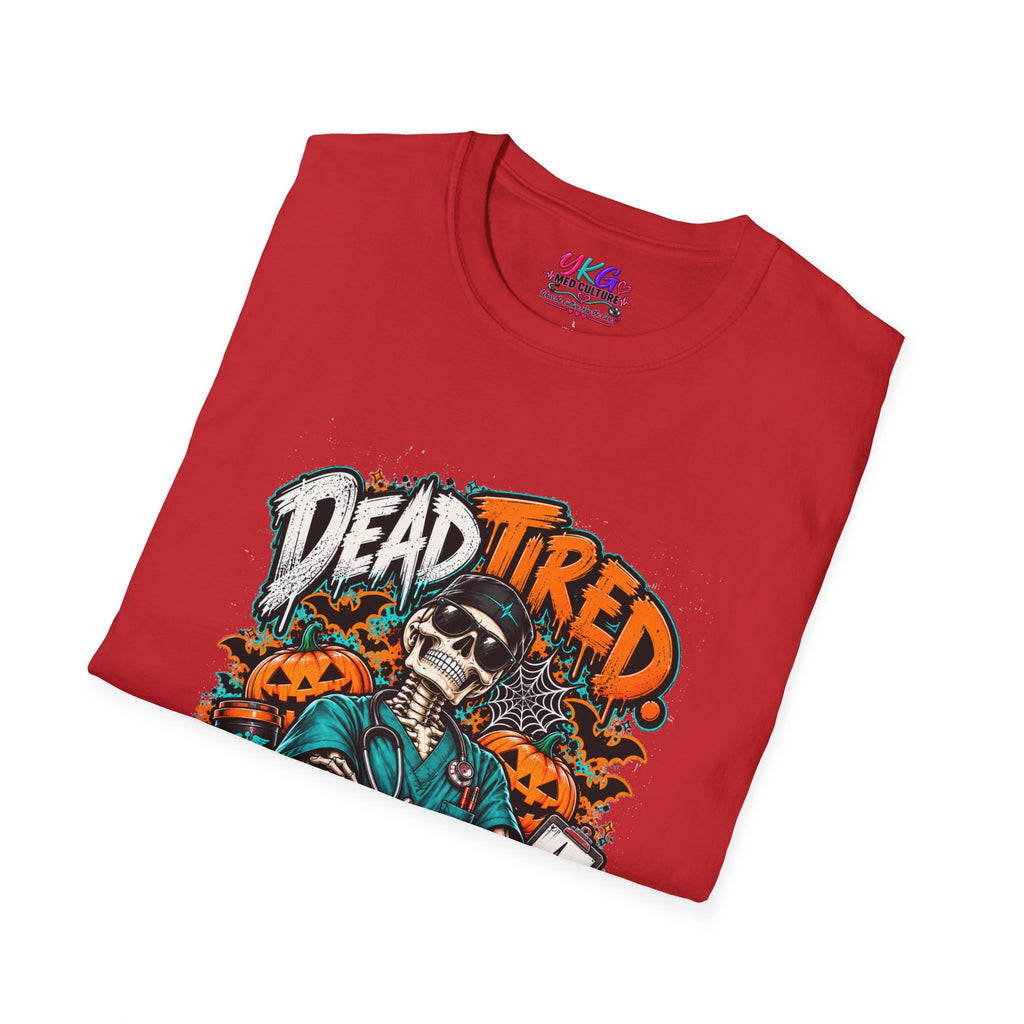 Dead Tired Still Caring T-Shirt — Skull Graphic Tee for Nurses & Caregivers