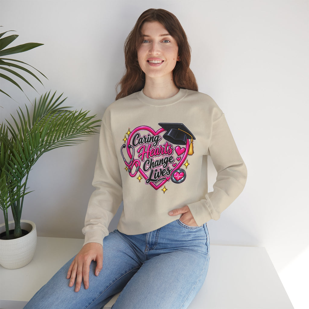 Caring Hearts Change Lives Sweatshirt — Nurse Graduation Stethoscope Crewneck