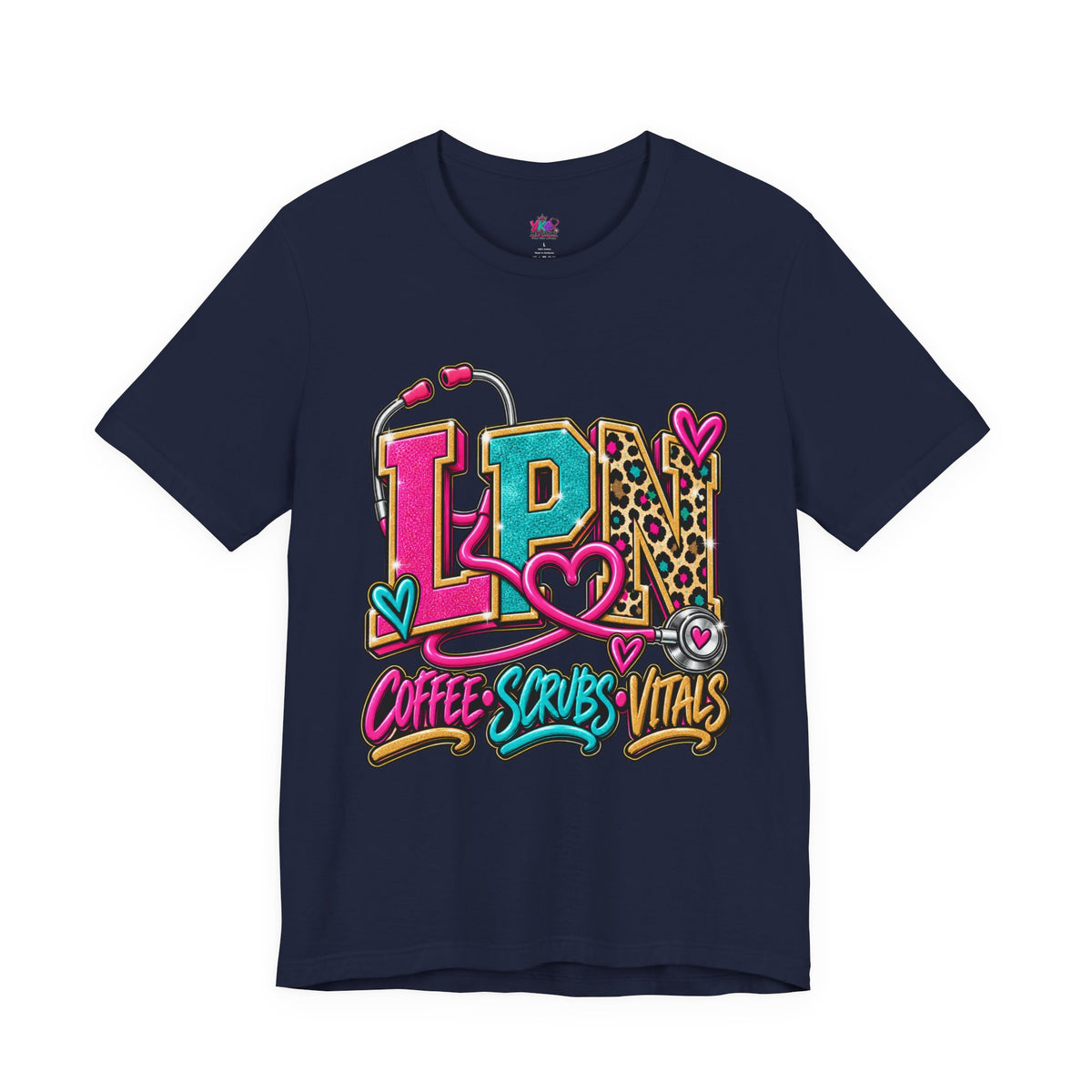 LPN Tee — “Coffee, Scrubs, Vitals” Colorful Stethoscope Design