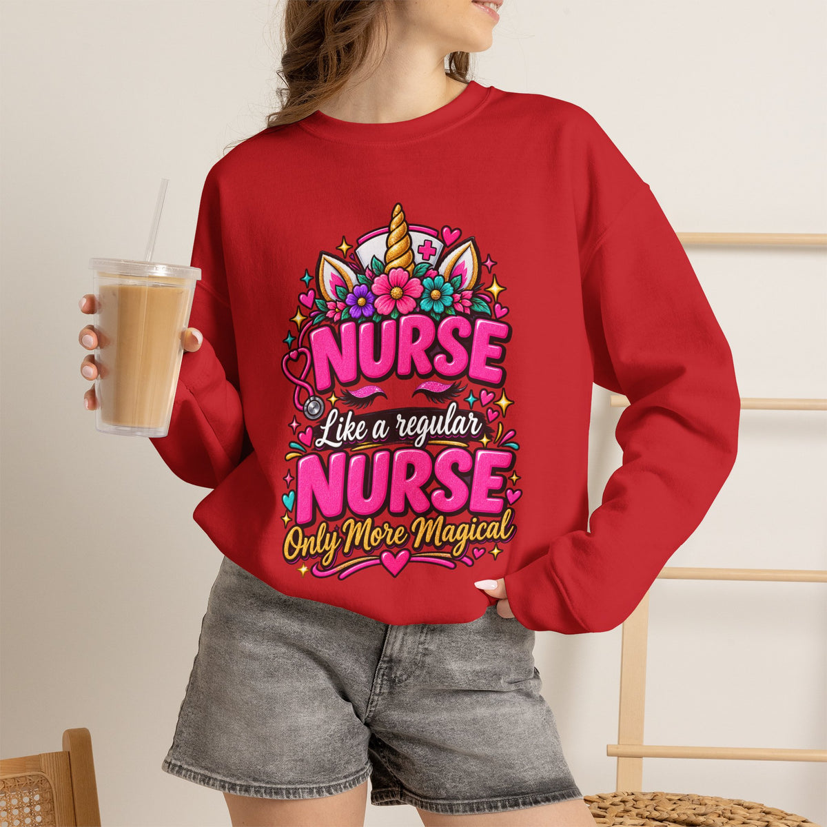 Crewneck Sweatshirt — "Nurse Like a Regular Nurse, Only More Magical" Cute Unicorn Nursing Pullover