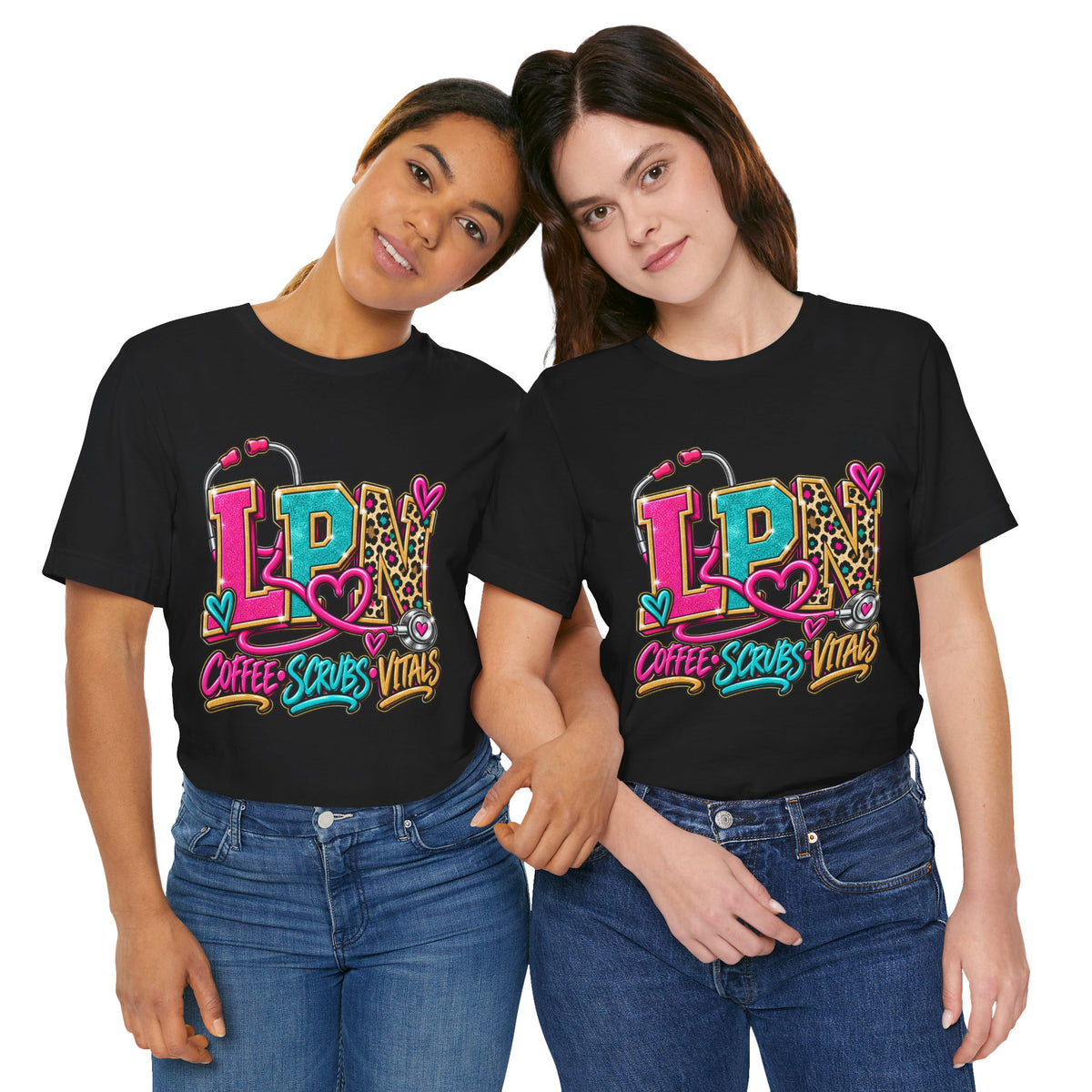LPN Tee — “Coffee, Scrubs, Vitals” Colorful Stethoscope Design